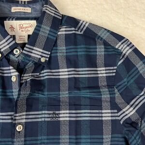 Original Penguin Heritage Slim Fit Plaid Button Down Shirt Mens Small Navy‎ Teal